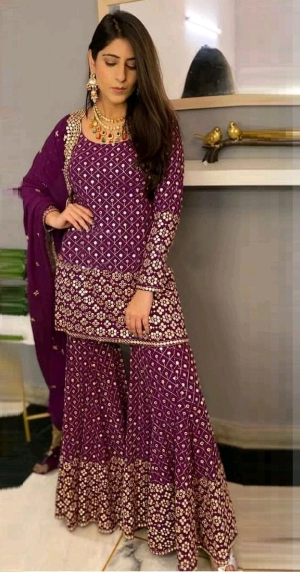 Georgette Embroidered Sharara Dress - Wine Berry, Free Size