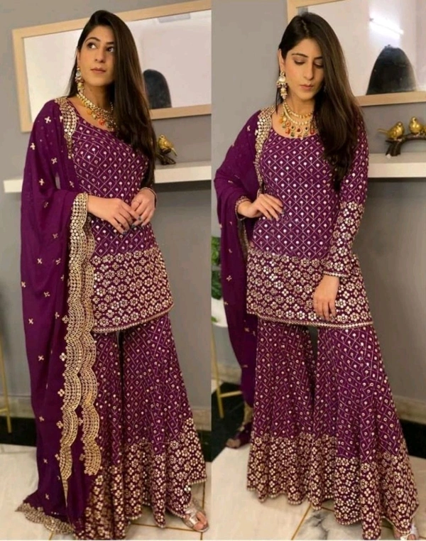 Georgette Embroidered Sharara Dress - Wine Berry, Free Size