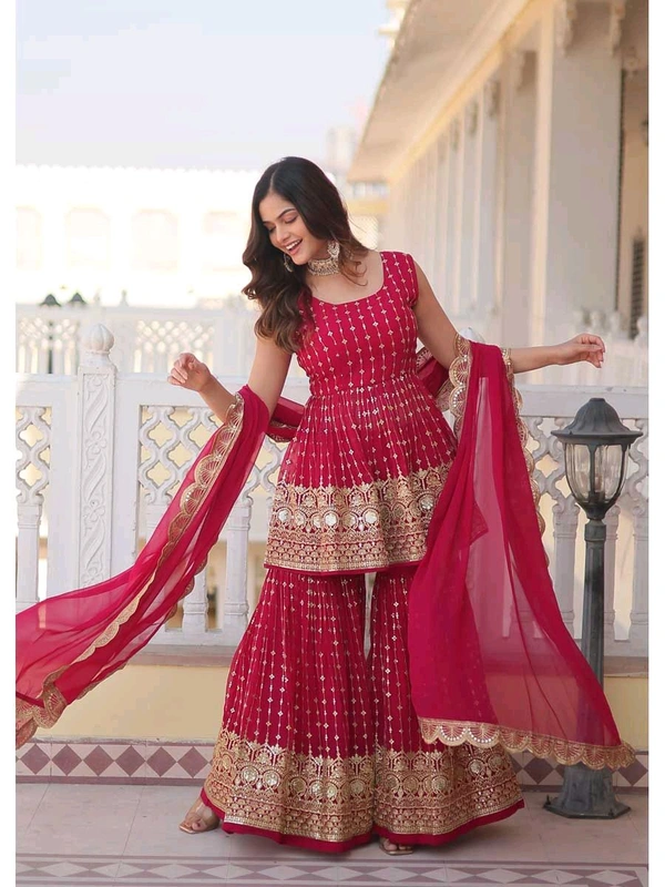 Pinkish Red Georgette Readymade Sharara Suit With Zari Work - Monarch, L