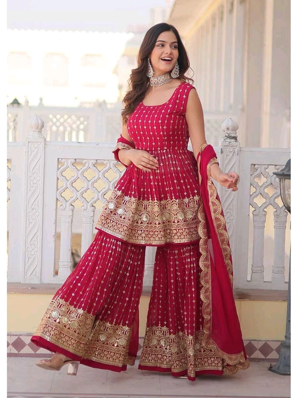 Pinkish Red Georgette Readymade Sharara Suit With Zari Work - Monarch, L