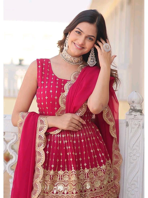 Pinkish Red Georgette Readymade Sharara Suit With Zari Work - Monarch, L