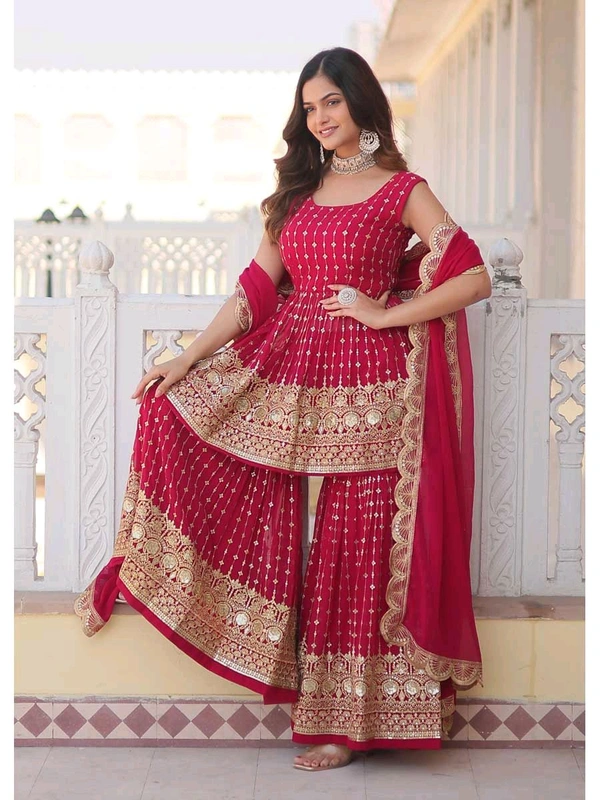 Pinkish Red Georgette Readymade Sharara Suit With Zari Work - Monarch, L