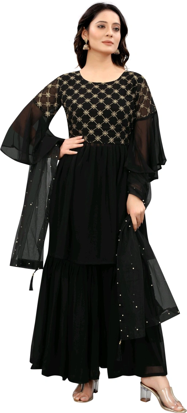 Women Georgette Kurti Sharara Dupatta Set - Black, L