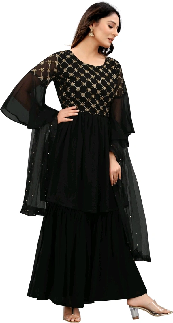 Women Georgette Kurti Sharara Dupatta Set - Black, L