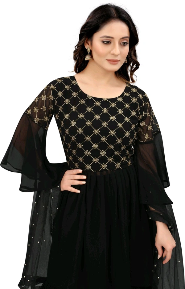 Women Georgette Kurti Sharara Dupatta Set - Black, L