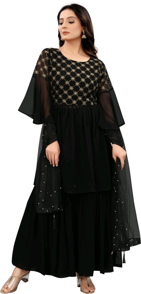 Women Georgette Kurti Sharara Dupatta Set - Black, L