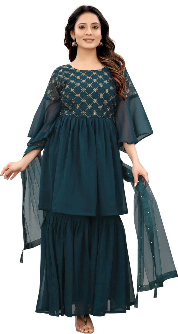 Women Georgette Kurti Sharara Dupatta Set - Rama, M