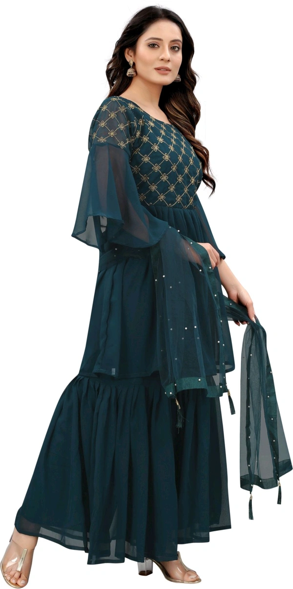 Women Georgette Kurti Sharara Dupatta Set - Rama, M