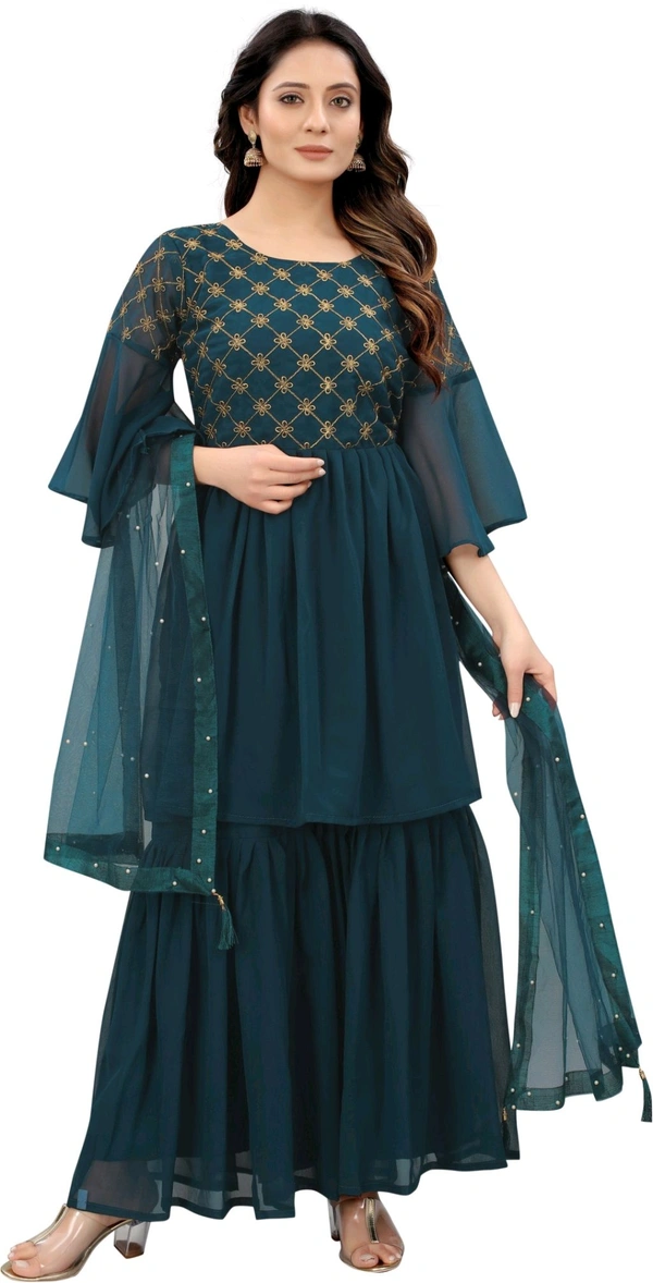 Women Georgette Kurti Sharara Dupatta Set - Rama, M