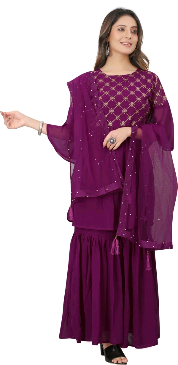 Women Georgette Kurti Sharara Dupatta Set - Plum, M