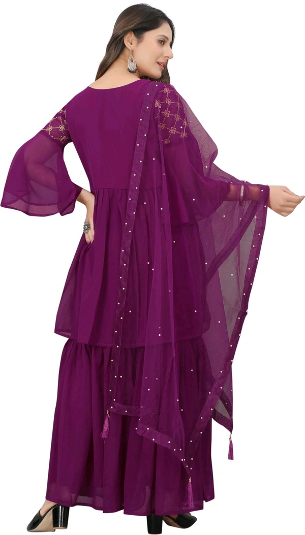 Women Georgette Kurti Sharara Dupatta Set - Plum, M