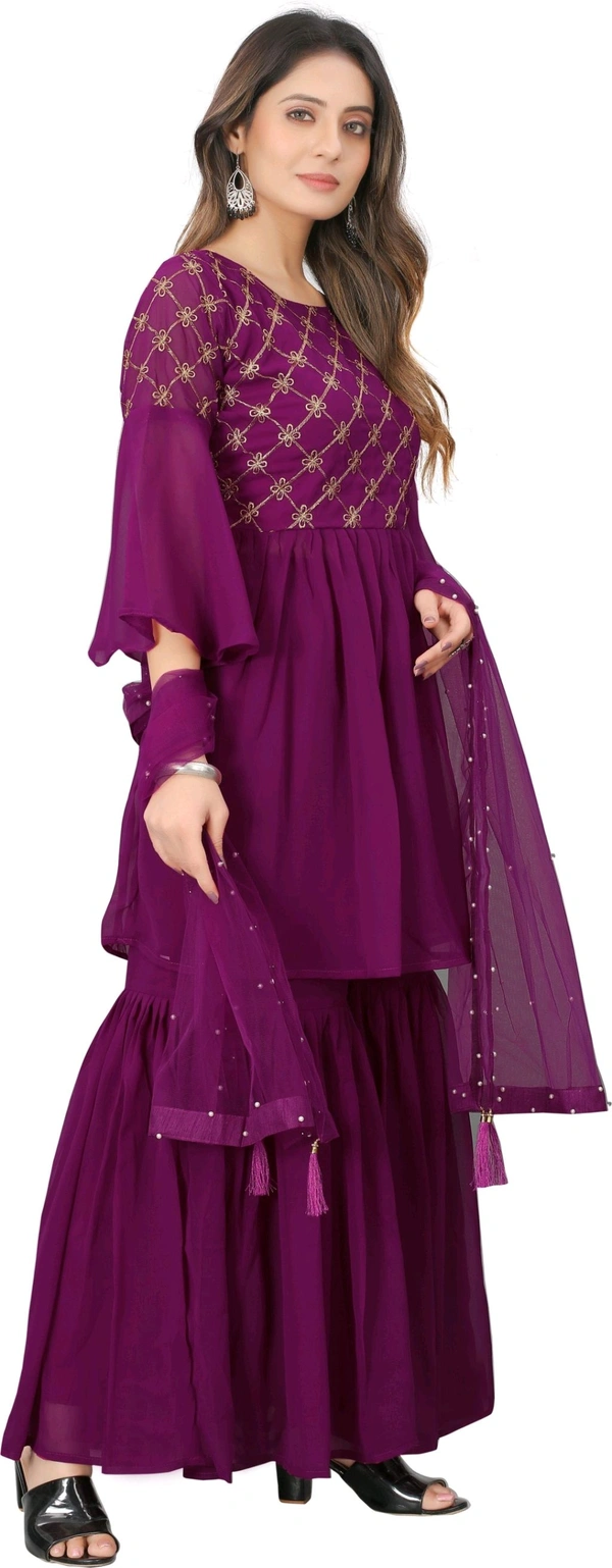 Women Georgette Kurti Sharara Dupatta Set - Plum, M