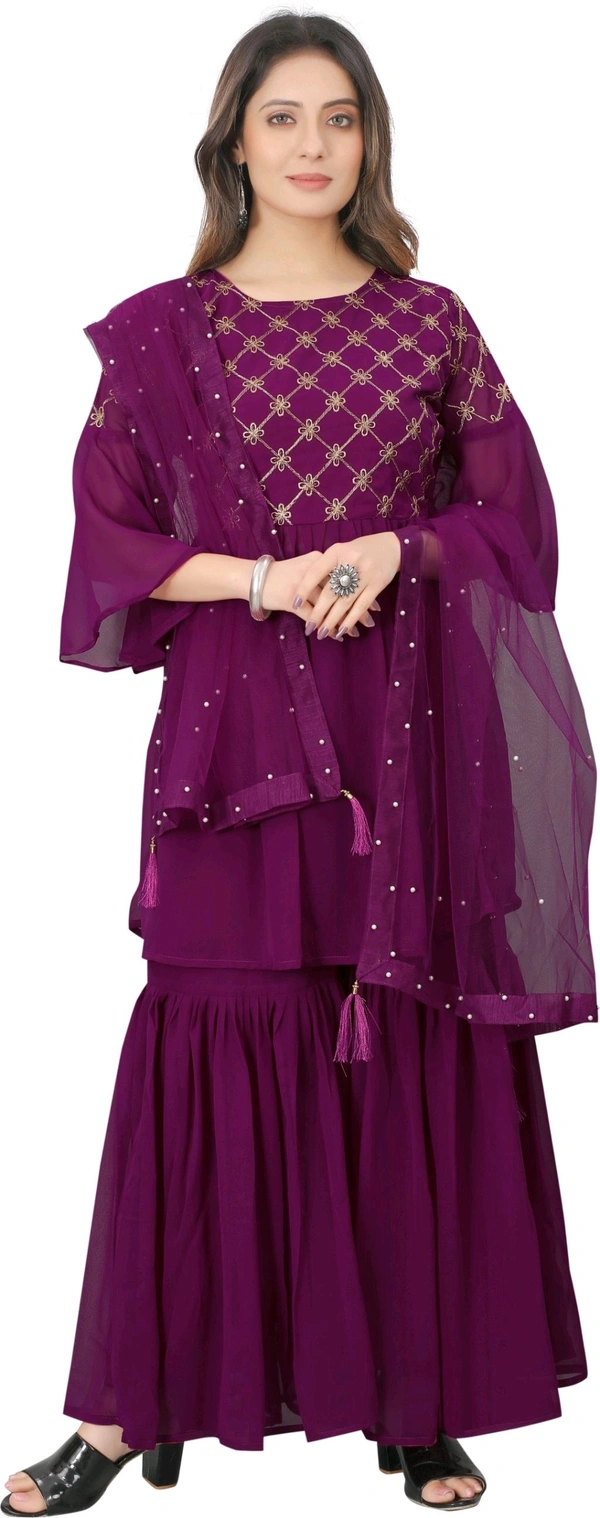 Women Georgette Kurti Sharara Dupatta Set - Plum, M