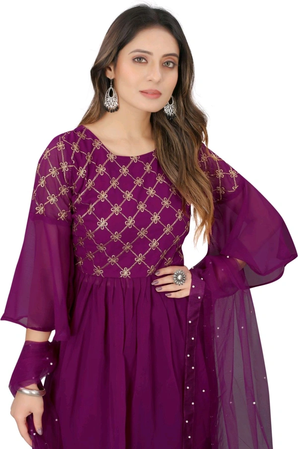 Women Georgette Kurti Sharara Dupatta Set - Plum, M