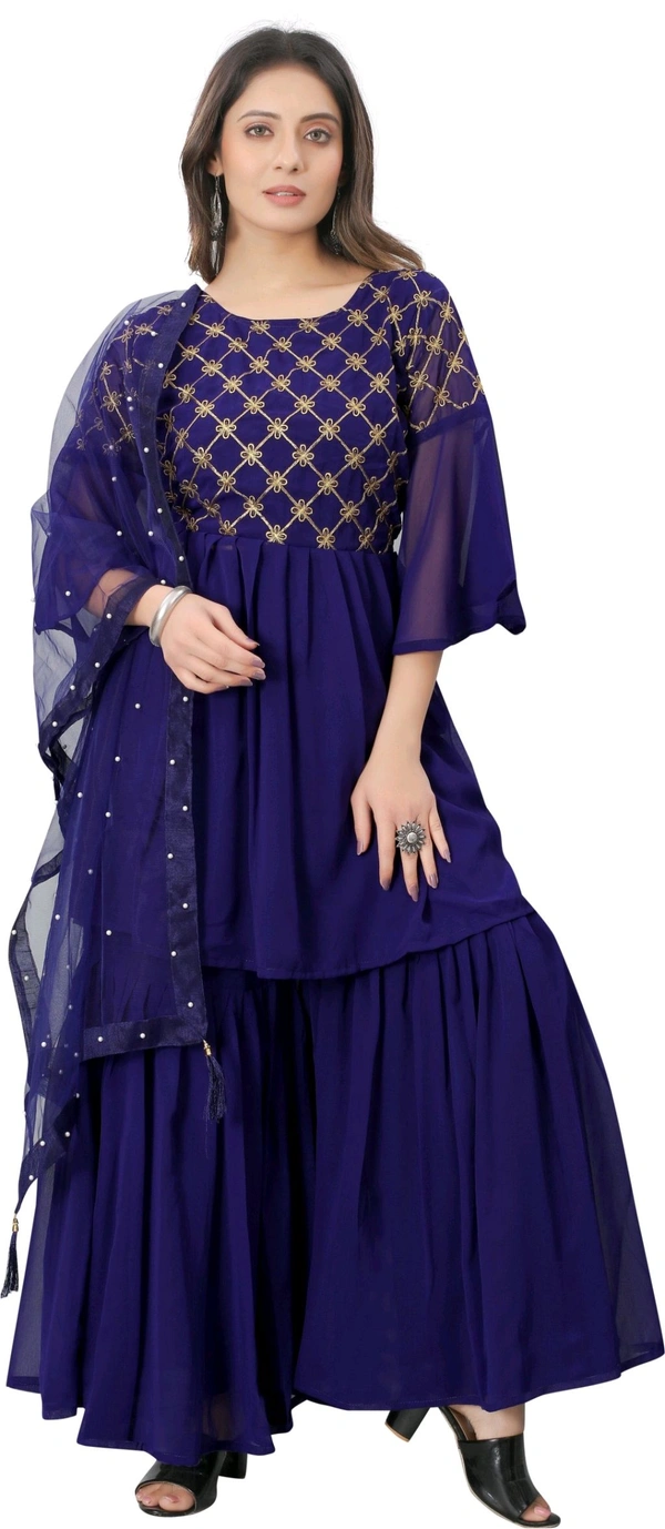 Women Georgette Kurti Sharara Dupatta Set - Port Gore, M