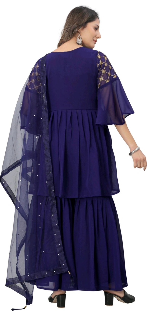 Women Georgette Kurti Sharara Dupatta Set - Port Gore, M