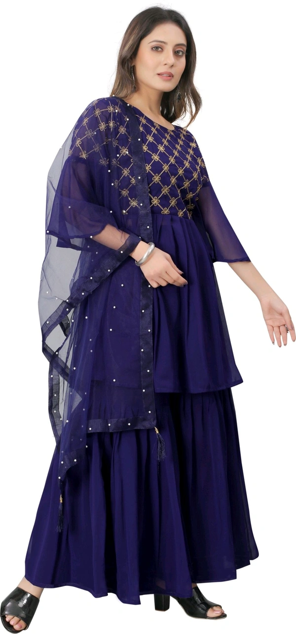 Women Georgette Kurti Sharara Dupatta Set - Port Gore, M