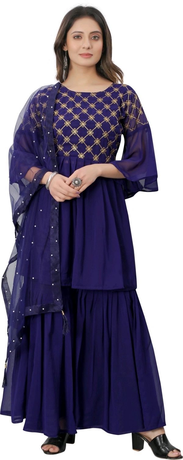 Women Georgette Kurti Sharara Dupatta Set - Port Gore, M