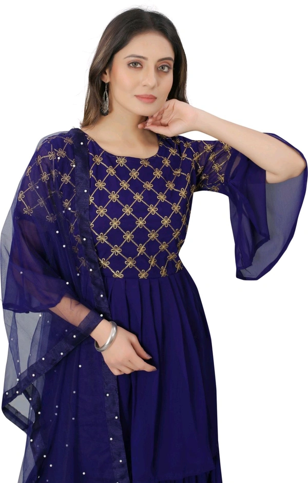 Women Georgette Kurti Sharara Dupatta Set - Port Gore, M