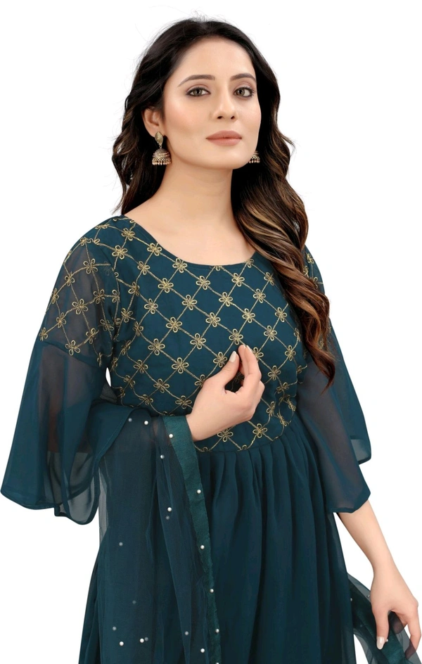 Women Georgette Kurti Sharara Dupatta Set - Rama, S