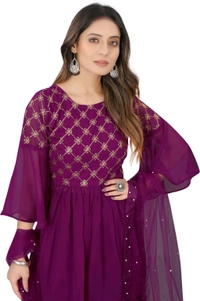 Women Georgette Kurti Sharara Dupatta Set - Plum, S