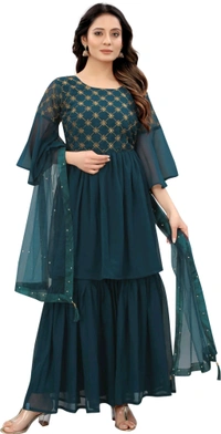 Women Georgette Kurti Sharara Dupatta Set - Rama, XS