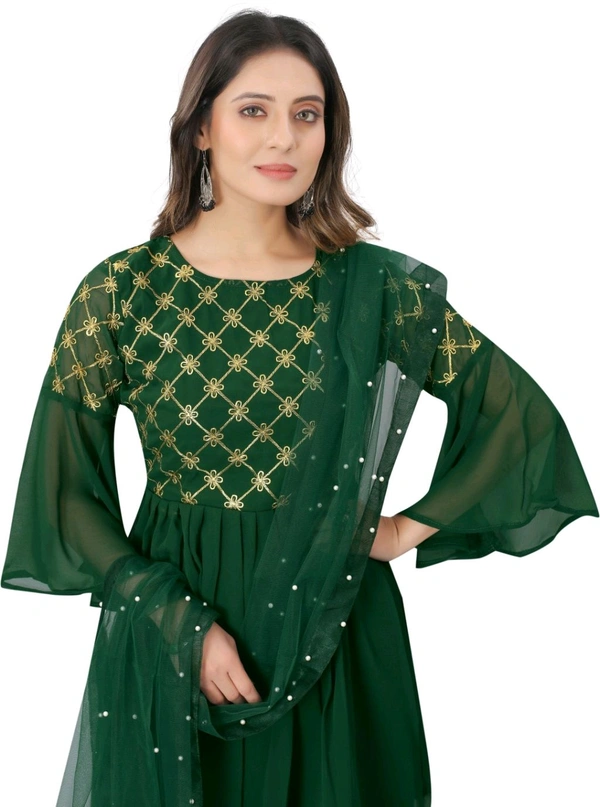 Women Georgette Kurti Sharara Dupatta Set - green, XS
