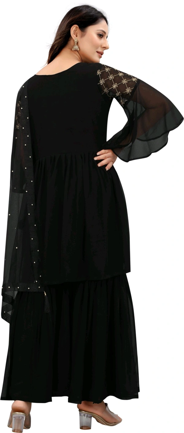 Women Georgette Kurti Sharara Dupatta Set - Black, XS