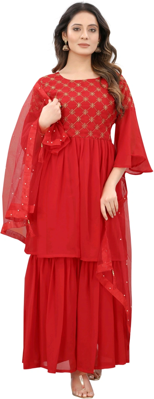 Women Georgette Kurti Sharara Dupatta Set - Red, 2XL