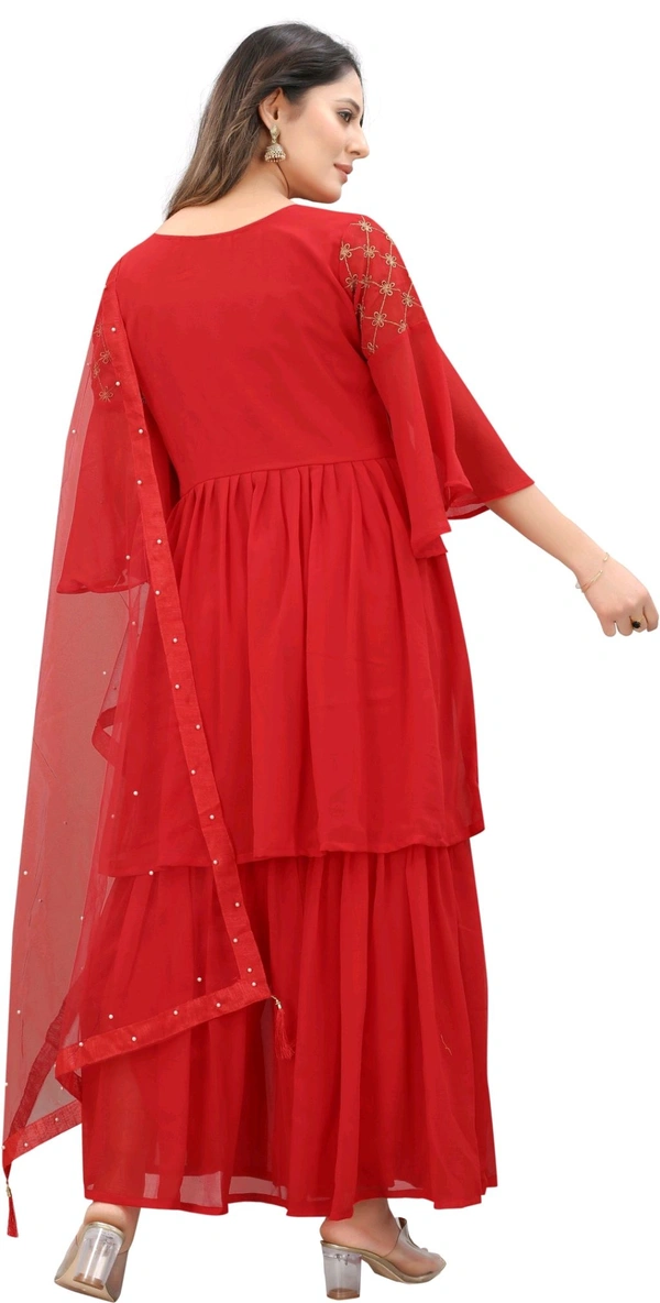 Women Georgette Kurti Sharara Dupatta Set - Red, 2XL