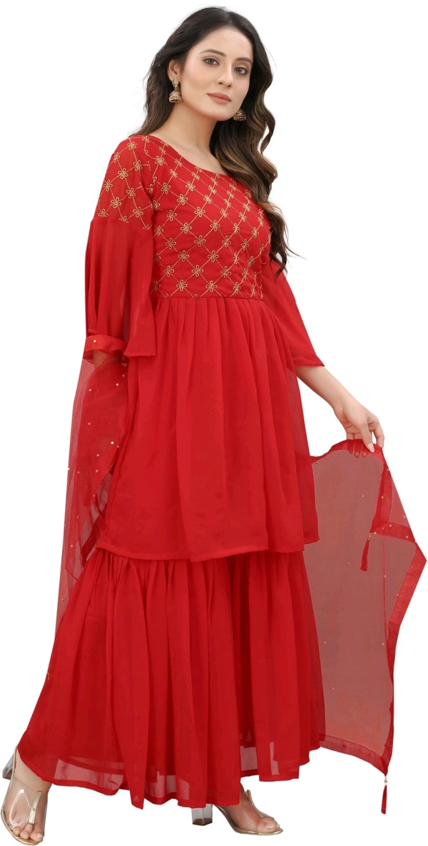 Women Georgette Kurti Sharara Dupatta Set - Red, 2XL