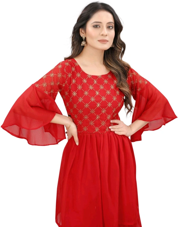 Women Georgette Kurti Sharara Dupatta Set - Red, 2XL