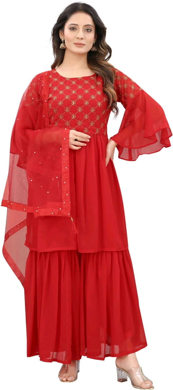 Women Georgette Kurti Sharara Dupatta Set - Red, 2XL