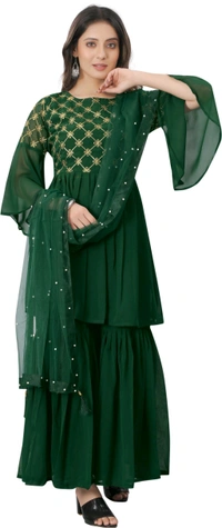 Women Georgette Kurti Sharara Dupatta Set - green, 2XL