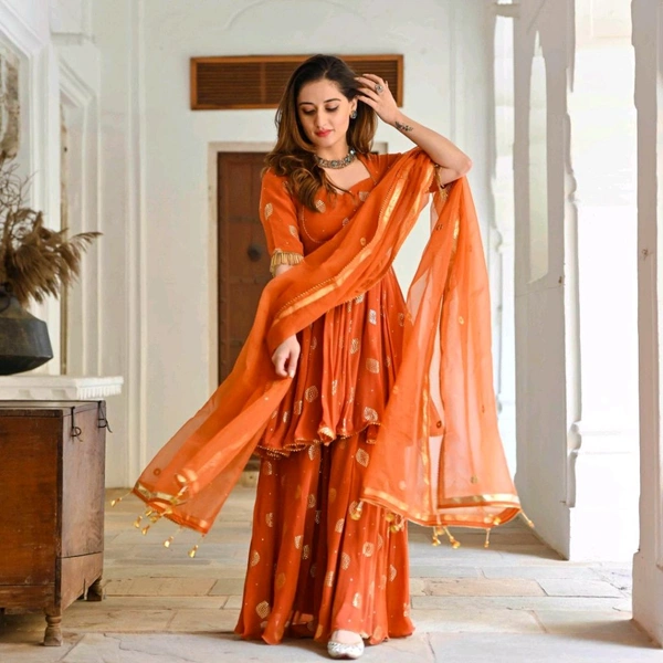 Women Viscose Rayon Kurta. Sharara Dupatta Set - Flamingo, S