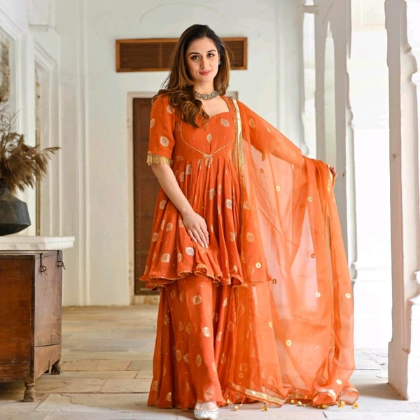 Women Viscose Rayon Kurta. Sharara Dupatta Set - Flamingo, 6XL