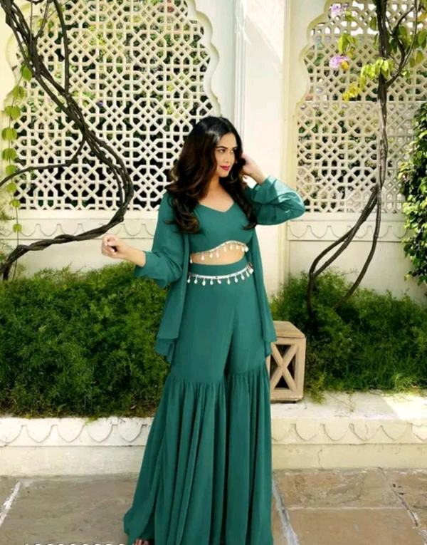 Designer Gorgeous Faux Georgette Brown Sharara with Stylish Kodi Lace Top Co-Ord Set and Shrug for Celebration, Wedding, and Engagements. - Plantation, L