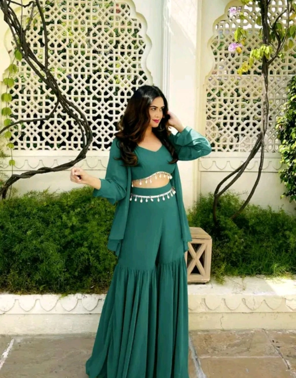Designer Gorgeous Faux Georgette Brown Sharara with Stylish Kodi Lace Top Co-Ord Set and Shrug for Celebration, Wedding, and Engagements. - Plantation, L