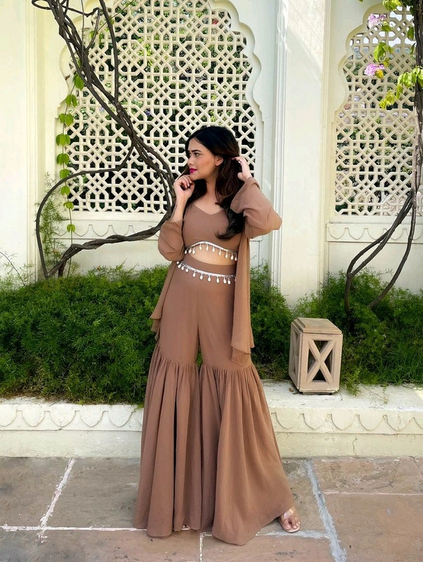 Designer Gorgeous Faux Georgette Brown Sharara with Stylish Kodi Lace Top Co-Ord Set and Shrug for Celebration, Wedding, and Engagements. - Quincy, M