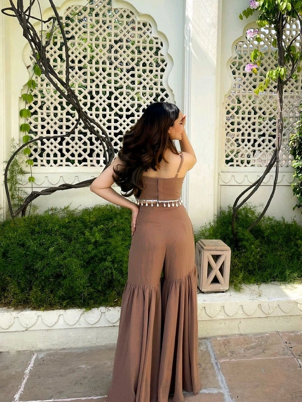 Designer Gorgeous Faux Georgette Brown Sharara with Stylish Kodi Lace Top Co-Ord Set and Shrug for Celebration, Wedding, and Engagements. - Quincy, M
