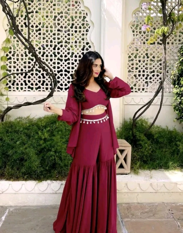 Designer Gorgeous Faux Georgette Brown Sharara with Stylish Kodi Lace Top Co-Ord Set and Shrug for Celebration, Wedding, and Engagements. - Claret, M