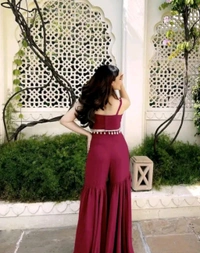 Designer Gorgeous Faux Georgette Brown Sharara with Stylish Kodi Lace Top Co-Ord Set and Shrug for Celebration, Wedding, and Engagements. - Claret, M