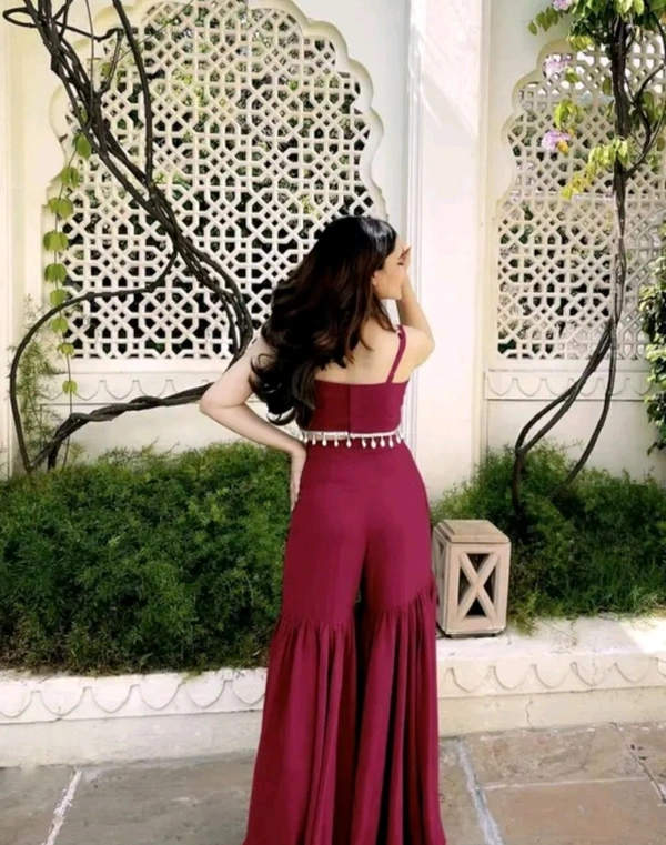 Designer Gorgeous Faux Georgette Brown Sharara with Stylish Kodi Lace Top Co-Ord Set and Shrug for Celebration, Wedding, and Engagements. - Claret, M