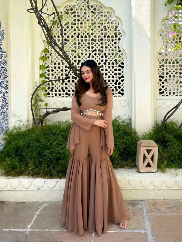Designer Gorgeous Faux Georgette Brown Sharara with Stylish Kodi Lace Top Co-Ord Set and Shrug for Celebration, Wedding, and Engagements. - Quincy, S