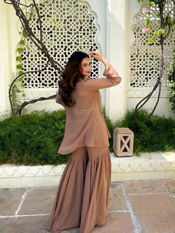 Designer Gorgeous Faux Georgette Brown Sharara with Stylish Kodi Lace Top Co-Ord Set and Shrug for Celebration, Wedding, and Engagements. - Quincy, S