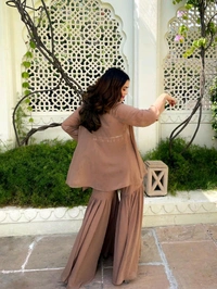 Designer Gorgeous Faux Georgette Brown Sharara with Stylish Kodi Lace Top Co-Ord Set and Shrug for Celebration, Wedding, and Engagements. - Quincy, S