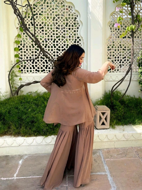 Designer Gorgeous Faux Georgette Brown Sharara with Stylish Kodi Lace Top Co-Ord Set and Shrug for Celebration, Wedding, and Engagements. - Quincy, S
