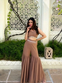 Designer Gorgeous Faux Georgette Brown Sharara with Stylish Kodi Lace Top Co-Ord Set and Shrug for Celebration, Wedding, and Engagements. - Quincy, S