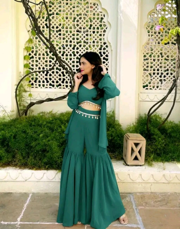 Designer Gorgeous Faux Georgette Brown Sharara with Stylish Kodi Lace Top Co-Ord Set and Shrug for Celebration, Wedding, and Engagements. - Plantation, XL