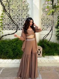 Designer Gorgeous Faux Georgette Brown Sharara with Stylish Kodi Lace Top Co-Ord Set and Shrug for Celebration, Wedding, and Engagements. - Quincy, XS
